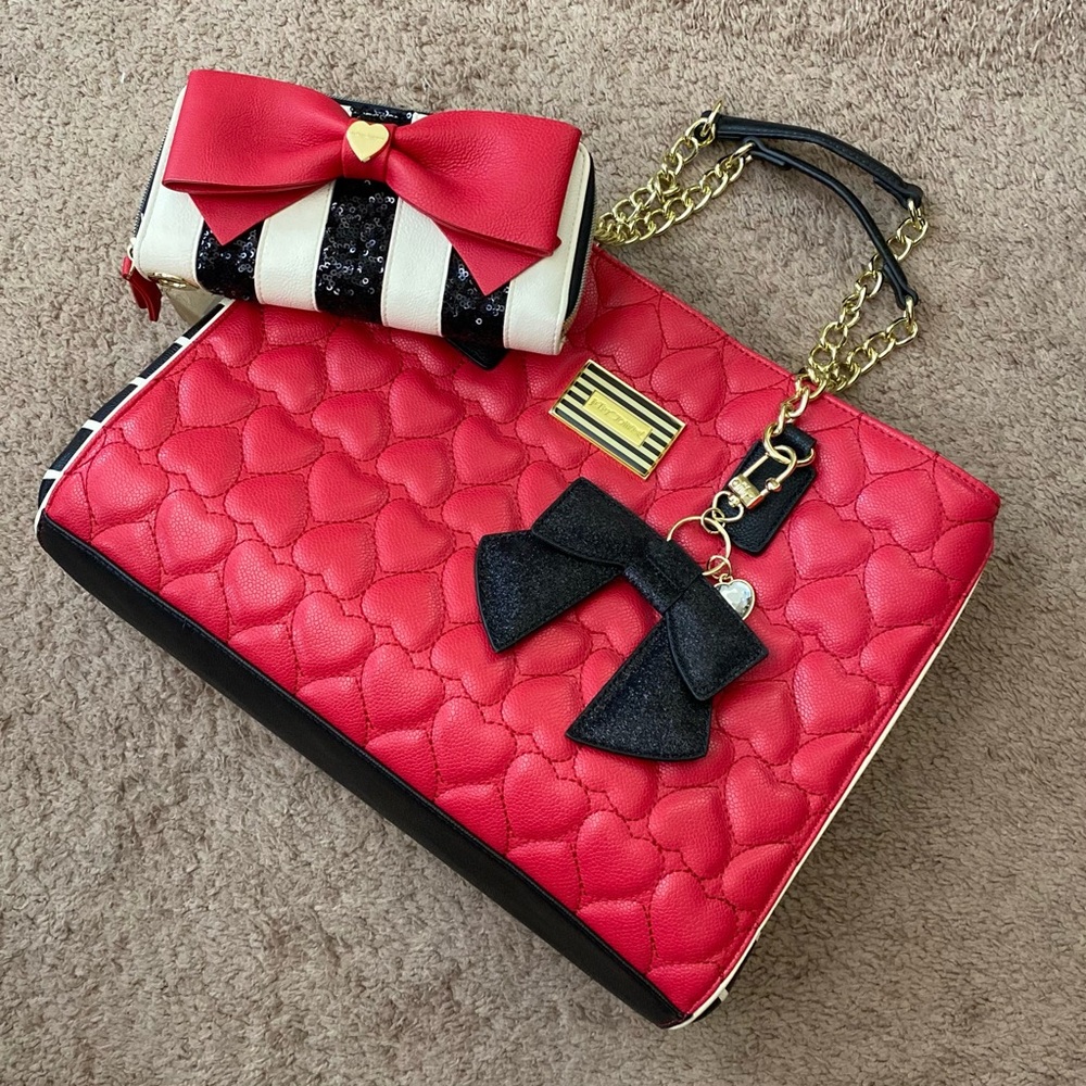 Betsey Johnson Red and Black Quilted Heart Shoulder Bag and Wallet Bundle